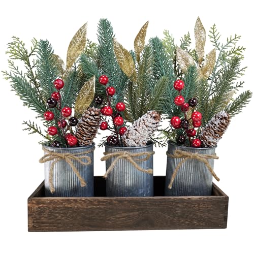 Winlyn Christmas Floral Arrangement Farmhouse Centerpiece Faux Pine Branches Pinecone Red Berry Stems Glitter Leaves Christmas Picks in Galvanized Pots with Wood Box for Holiday Table Décor