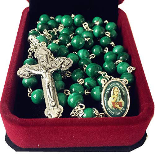 elegantmedical Handmade UNDOUBTED Malachite 8MM Beads St.Dymphna Rosary Cross/Crucifix Necklace Box Catholic Womens Gift