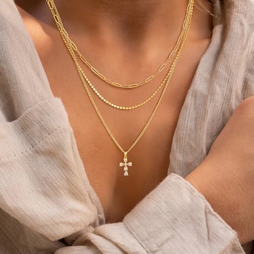 Cross Necklace for Women, Dainty 14K Gold Plated Cross Pendant Simple Long Necklaces for Women, Christian Faith Necklace Trendy Gold Jewelry Gifts for Easter - color: 3 layer zircon cross necklace