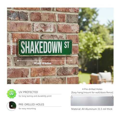 Shakedown St Metal Street Sign - Vintage Green Road Sign Wall Decor - Retro Aluminum Plaque for Music Room, Man Cave, Garage, Bar - Novelty 70s Hippie & Classic Rock Themed Gift - color: SHAKEDOWN