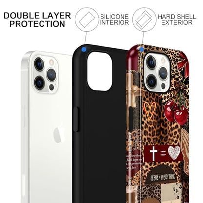 for iPhone 12 Pro Max 6.7'' Brown Cheetah Christian Phone Case - color: Red Cherry Leopard Collage, size: iPhone 12 Pro Max