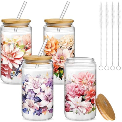 Mumufy 4 Pack Bloom Floral Glass Cup, 16 oz Tumbler Mug with Bamboo Lid - style: Bloom Floral
