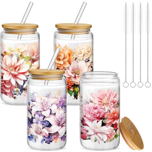 Mumufy 4 Pack Bloom Floral Glass Cup, 16 oz Tumbler Mug with Bamboo Lid - style: Bloom Floral