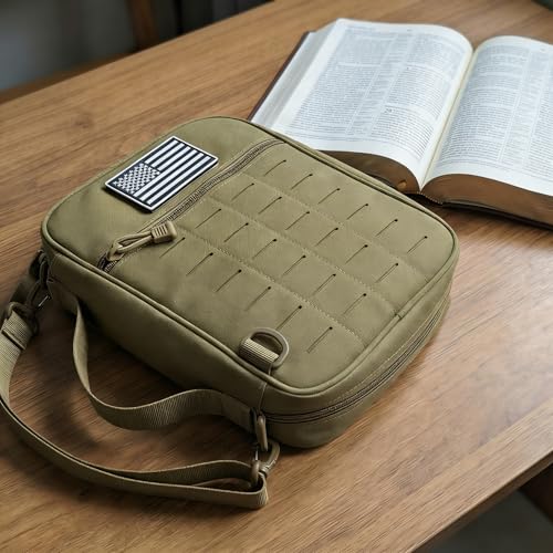 Tactical Bible Cover for Men, Large Bible Case with Shoulder Strap & US Flag Patch, Water Resistant Bible Carrier Bag with Handle, Multi Pockets for Church Study & Travel（Brown） - color: Brown