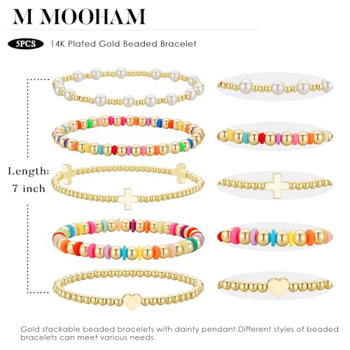 M MOOHAM Beaded Bracelets for Women Teen Girls, 14K Gold Bracelet Stack - color: 14K Gold Plated Cross