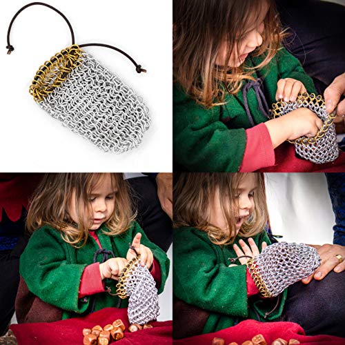 Mythrojan Chainmail Game Dice Bag | Medieval Drawstring Aluminium Ring Pouch for DND, Role Playing, Games, Storing Dices, Accessories | Chainmaille DND Dice Pouch with Brass Polished Edges Ring