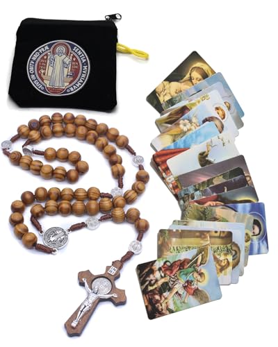 SZQCZB Wooden Rosary Beads Catholic for Men, Saint Benedict Medal and Cross - Comes in Gift Pouch and 18pcs Prayer Cards - color: Brown
