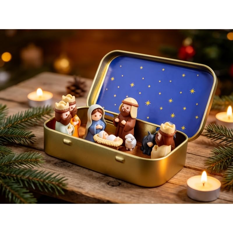 Handmade Miniature Christmas Nativity Set in Tin Box - Portable Pocket-Sized Manger Scene with Mary, Jesus, Shepherds Animals Figures - Hand-Paintedfor/Easter Gift