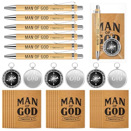 Chiisong 25 Set Man of God Gifts Include 25 Christian Mini Compass, 25 Religious Notebooks, 25 Bamboo Ballpoint Pens for Father's Day Pastors Church Travel Party Favors(25 Sets,Black, Silver) - color: Black, Silver