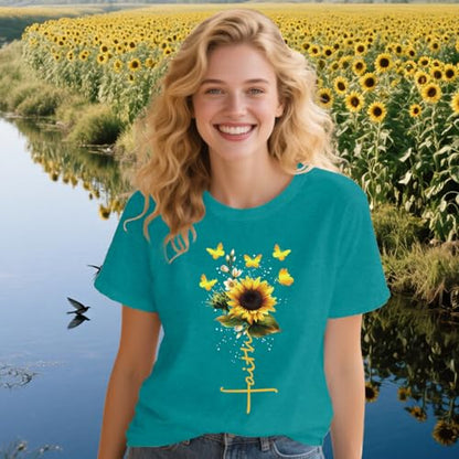 Womens Christian Shirts Faith Cross Sunflower Butterfly T-Shirt Bible Verse Religious Tee Tops - color: Cyan, size: Large