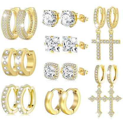 FEYIR 9 Pairs Earrings for Men Stainless Steel Small Hoop Earrings Hypoallergenic CZ Cross Dangle Earrings Cubic Zirconia Stud Earrings Huggie Men's Earrings Set - color: Gold