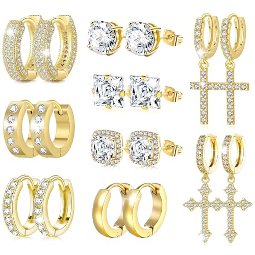 FEYIR 9 Pairs Earrings for Men Stainless Steel Small Hoop Earrings Hypoallergenic CZ Cross Dangle Earrings Cubic Zirconia Stud Earrings Huggie Men's Earrings Set - color: Gold