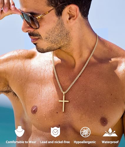 Jewlpire 925 Sterling Silver Cross Necklace for Men, 18k Gold Plated Sterling Silver Cross Necklace with 4mm Stainless Steel Cuban Link Chain for Men, Mens Necklace 16 18 20 22 24 26 Inch - color: Gold Cross Pendant