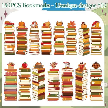 Fall Book Tracker Bookmarks - 150 Pcs Autumn Bookshelf Bookmark Pumpkin Maple Leaf Gnome Double-Sided Page Book Markers Gifts for Women Men Office Thanksgiving Reading Party Rewards Supplies - color: Autumn