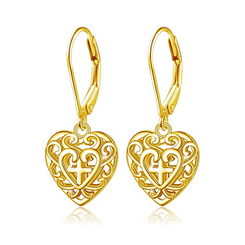 S925 Sterling Silver Heart Dangle Drop Earrings for Women Jewelry Gift - style: Heart Cross Gold-Plated