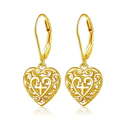S925 Sterling Silver Heart Dangle Drop Earrings for Women Jewelry Gift - style: Heart Cross Gold-Plated