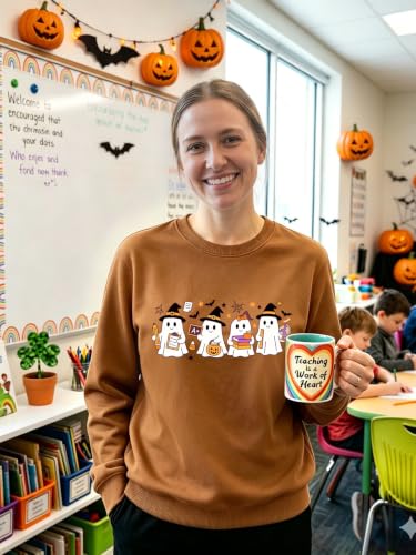 Teacher Halloween Sweatshirt Women Cute Ghost Reading Books Tops - color: B-brown, size: Large