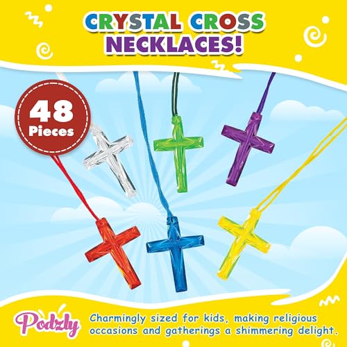 Podzly 48 Pieces Crystal Cross Necklaces - Small Plastic Crosses for Religious Party Favors, Sunday School & Vacation Bible School - Crystal Cross Necklace, Bulk Cross Necklace