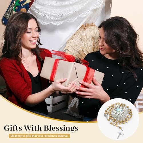 Dark Gold Pearl-Style Rosary Necklace with Metal Gift Box, 8mm, 22 Inch - color: Dark gold