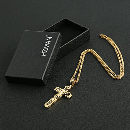 HZMAN Catholic Jesus Christ INRI Cross Crucifix Pendant Necklace for Men - color: Gold