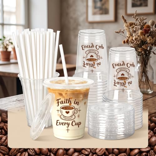 50 Count 16 oz compostable cold drink cups with lids and straws, plant-based PLA disposable tasting cups for juice cold drink sampling, gatherings, picnics, travel bachelor parties