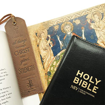 Leather Bible Bookmarks - 2 Leather Christian Bookmarks with Inspirational Bible Verse | Philippians 4: 13 I Can Do All Things Through Christ | Religious Book Marker Gifts for Men, Women and Readers - style: Philippians 4:13