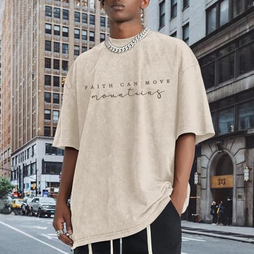 Men's Graphic Shirt Faith Can Move Mountains Shirt Oversized Camping Hiking Tees Acid Wash Casual T-Shirt - color: A Apricot, size: Small