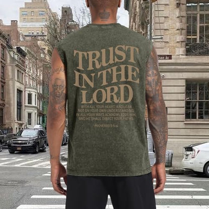 Mens Christian Tank Tops Trust in The Lord God Jesus Religious Faith Bible Verse Shirts Graphic Acid Wash Gym Tees - color: Army Green, size: X-Large
