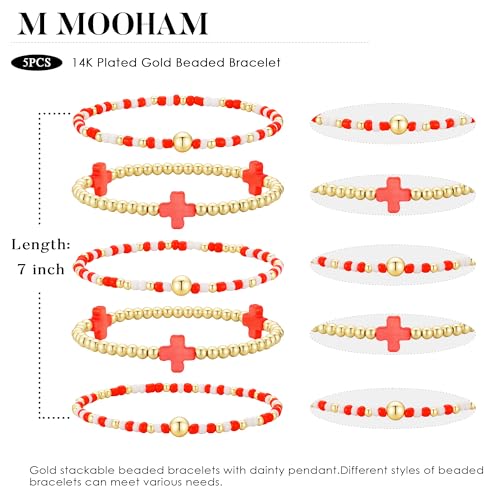 M MOOHAM Beaded Bracelets for Women Teen Girls, 14K Gold Bracelet Stack - color: Red Cross