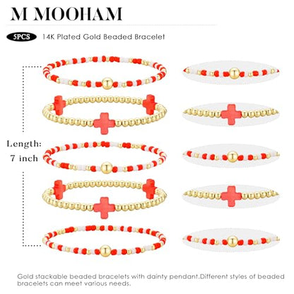 M MOOHAM Beaded Bracelets for Women Teen Girls, 14K Gold Bracelet Stack - color: Red Cross