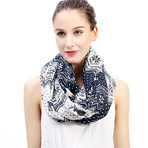 Lina & Lily Holiday Christmas Pattern Print Women's Infinity Scarf Lightweight - color: Blue White, Nordic Reindeer Snowflake