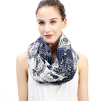 Lina & Lily Holiday Christmas Pattern Print Women's Infinity Scarf Lightweight - color: Blue White, Nordic Reindeer Snowflake