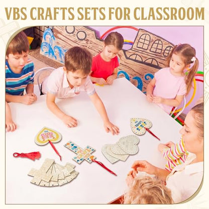 Blueweenly 24 Pcs Christian Vbs Crafts Kits for Classroom DIY Unfinished Wood Jesus Loves Me Art and Craft Cross and Heart Shaped Religious Hanging Ornament for Sunday School Classroom Home Activities