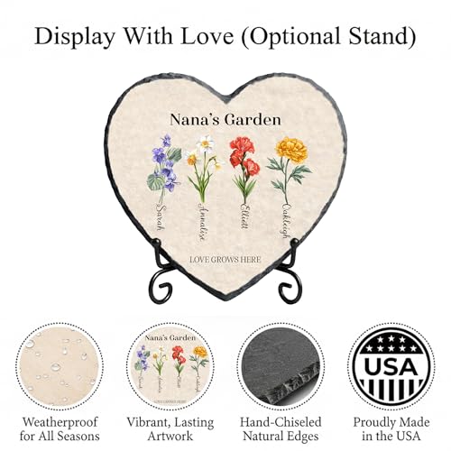 Personalized Grandma Garden Stone Heart with Grandkids Names & Birth Flowers – Custom Slate Gift for Nana, Mimi & Mom – Heartfelt Plaque for Mother’s Day, Birthday Gifts (S-202) - color: S-202