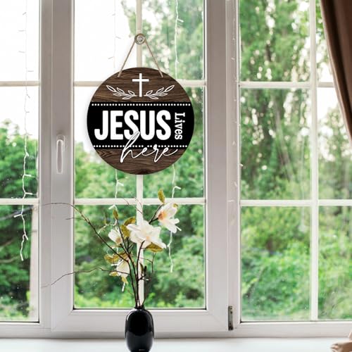 Deroro Christian Jesus Lives Here Front Door Sign, Religious Faith Cross