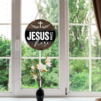 Deroro Christian Jesus Lives Here Front Door Sign, Religious Faith Cross
