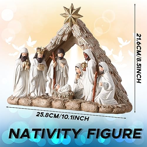 Nativity Scene with LED String Lights, Christmas Nativity Set Tabletop Decoration First Christmas Story Resin Figure Holy Family Manger Lighted Sculpted Hand Painted Figurine for Xmas Indoor Decor