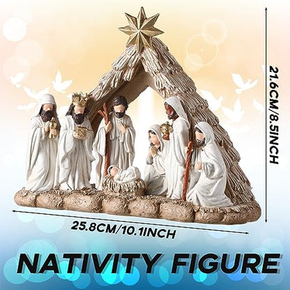 Nativity Scene with LED String Lights, Christmas Nativity Set Tabletop Decoration First Christmas Story Resin Figure Holy Family Manger Lighted Sculpted Hand Painted Figurine for Xmas Indoor Decor