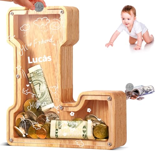UBeesize Personalized Wooden Kids Letter Piggy Bank,Piggy Bank for Boys Girls,Coin Bank Birthday Gift for Kids, Adults Gift Decoration(L) - color: L, size: 9 inches