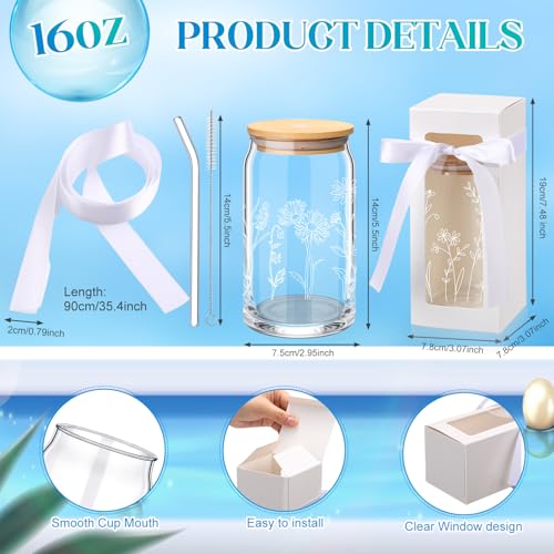 Havawish 12 Pcs Flower Glass Cups with Gift Boxes Glass Cups with Bamboo Lids and Straws Cute Coffee Tumbler for Women Bridesmaid Mothers Day(Boho)