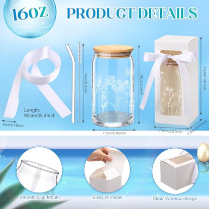 Havawish 12 Pcs Flower Glass Cups with Gift Boxes Glass Cups with Bamboo Lids and Straws Cute Coffee Tumbler for Women Bridesmaid Mothers Day(Boho)