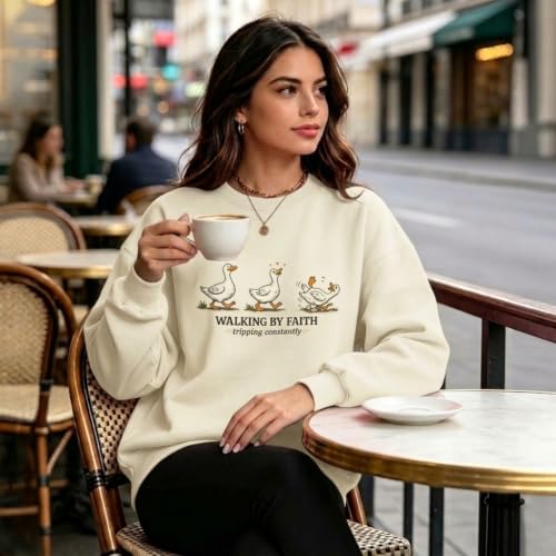 Silly Goose Christian Sweatshirts for Women Walking by Faith Tripping Constantly Sweatshirt Cute Graphic Crewneck - color: Apricot, size: Small