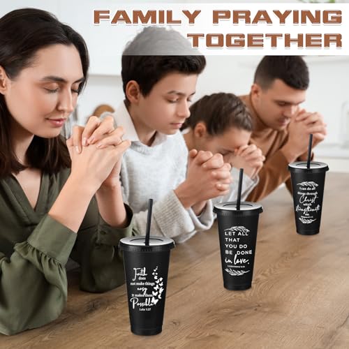 Havawish 12 Christian Tumbler Gift Bulk Religious Inspirational 24 oz Drinking Jesus Cup with Lid Straw Bible Verse Plastic Cup for Grandparents Pastor Clergy Church Sunday School, Black - color: Black