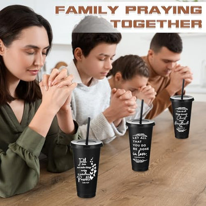 Havawish 12 Christian Tumbler Gift Bulk Religious Inspirational 24 oz Drinking Jesus Cup with Lid Straw Bible Verse Plastic Cup for Grandparents Pastor Clergy Church Sunday School, Black - color: Black