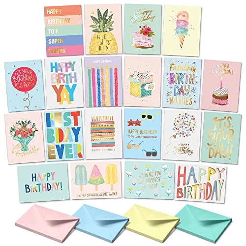 Sweetzer & Orange Happy Birthday Cards with Envelopes & Assortment Box. Variety Set of 20 Assorted Birthday Cards with Envelopes, Perfect Bulk Pack for Celebrations, Special Occasions, Friends - color: Pastel