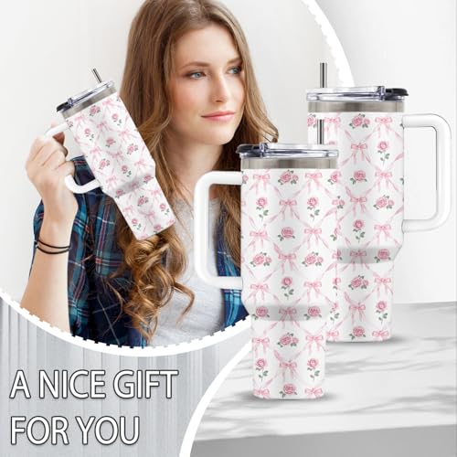Bow Rose 40oz Tumbler, with Handle & Straw, Stainless Steel Cup - color: Bow Rose