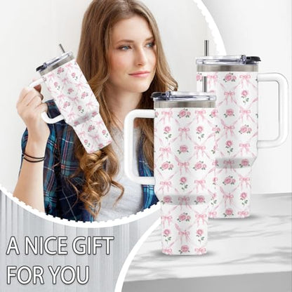 Bow Rose 40oz Tumbler, with Handle & Straw, Stainless Steel Cup - color: Bow Rose