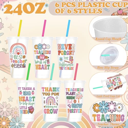 Funnymoom 24 Pcs Back to School Teacher Appreciation Gift from Students 2026 Thank You Gifts Bulk Pastel 24 oz Inspirational Plastic Tumbler Cup Makeup Cosmetic Bag Crew Sock Keychain for Retirement - style: Bright Teacher