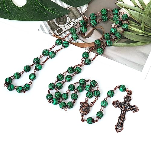 Nazareth Store Natural Stone Beads 8mm Rosary Necklace Antique Copper Design Holy Soil Medal & Cross in Velvet Bag - Catholic Rosaries Terra Santa Jerusalem Collection - color: Malachite