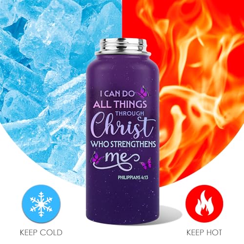 Christian Gifts for Women - I Can Do All Things Christ Water Bottle Tumbler 32oz - Inspirational Religious Faith Gifts for Women - Christian Jesus God Bible Verse Prayer Gift for Christmas - color: Christian-Purple/I Can Do All Things Christ